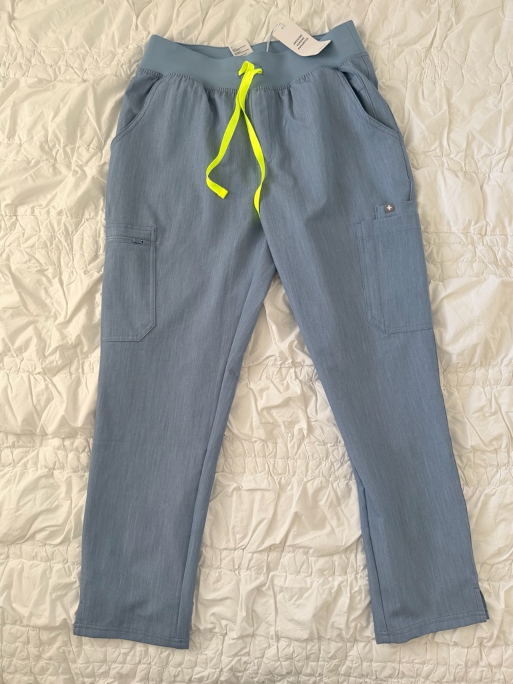 FIGS NWT Women's Denim Blue YOLO Cargo Pants with Yellow Drawstring M/P